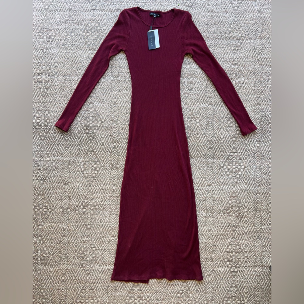 Chaser‎ Burgundy Ribbed Long Sleeve Maxi Dress Womens Size M Casual NWT